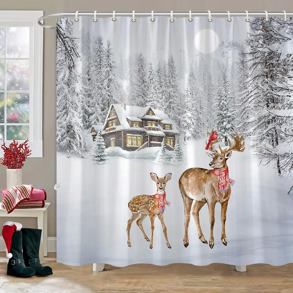 Merry Christmas Shower Curtain Winter Red Truck Snowman Reindeer Snow Farmhouse Shower Curtain Washable Polyester Bathroom Decor