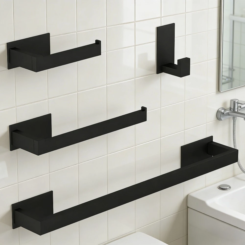 

Punching-free black bathroom hardware set Self-adhesive bathrobe hook towel bar towel strip accessories complete set