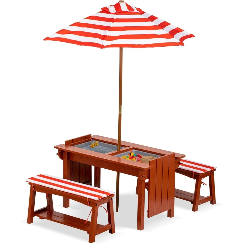 

Kids Picnic Table with Umbrella, Outdoor Wooden Table & Bench Set w/Cushions & 2 Removable Boxes