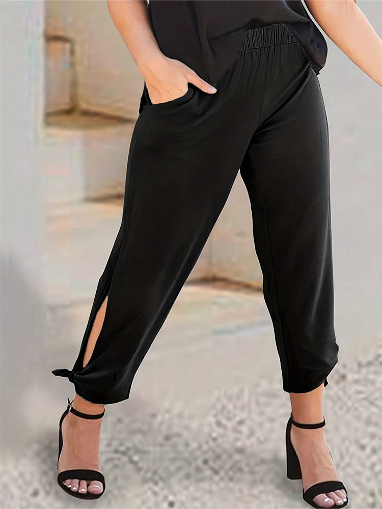 Plus Size Women's Elastic To Nine Pants Black Casual Trousers Commuter Calf Slit Personalised Trousers