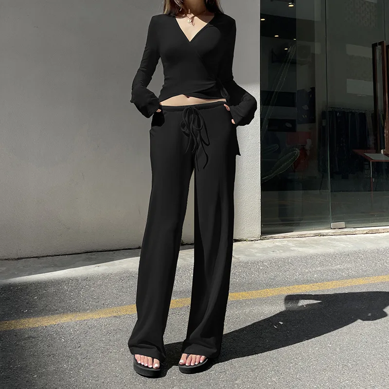 Solid Color Casual V-neck Cross-strap T-shirt Autumn Fashion Simple Pendant Straight Trousers Suit Women