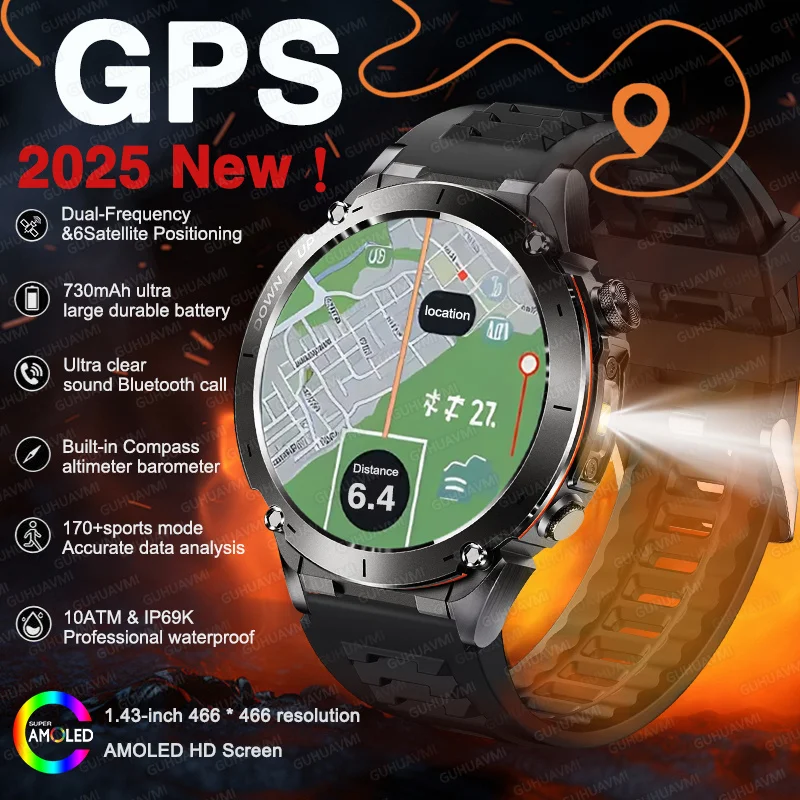 

Смарт-часы с GPS на открытом воздухе, 2025 градусов, 10 АТМ, водонепроницаемые, AMOLED HD-дисплей, встроенные двухдиапазонные GNSS, военные часы для фитнеса, спортивные часы, мужские часы