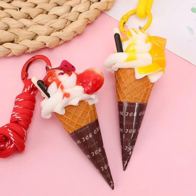 Simulations-Eiscremekegel-Schlüsselanhänger, geflochtenes Lanyard, realistisches Design, Rucksackanhänger, Geschenk für Mädchen – Detail 10