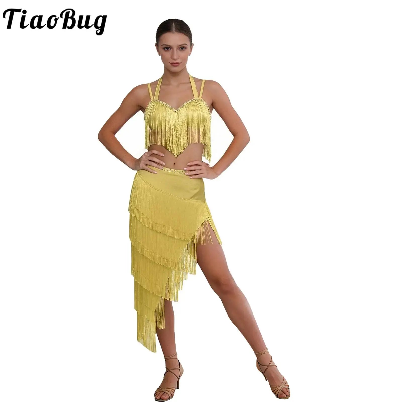 Damen Latein-Tanzkleid mit Strass, Neckholder-Top und unregelmäßigem Quastenrock – Performance-Set für Cha-Cha, Tango, Rumba und Bauchtanz