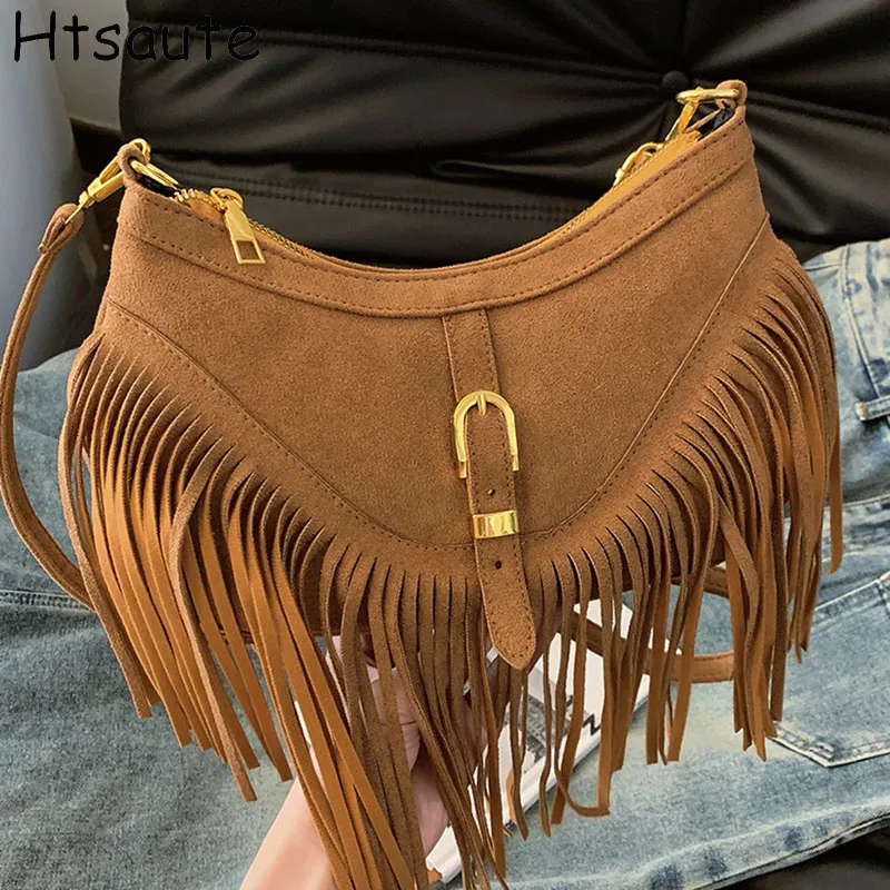 

Soft PU Leather Tassel Crossbody Bag For Women Underarm Bag Retro Solid Color Handbag Fashion Girls Small Shoulder Bags