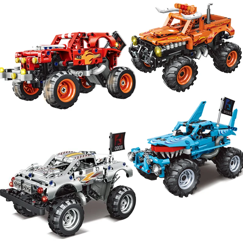 Pull Back Technical Monster Jam Building Blocks Max-D Car Giant Toothed Shark El Toro Loco Bull Truck Bricks Kids Auto Gift Toys