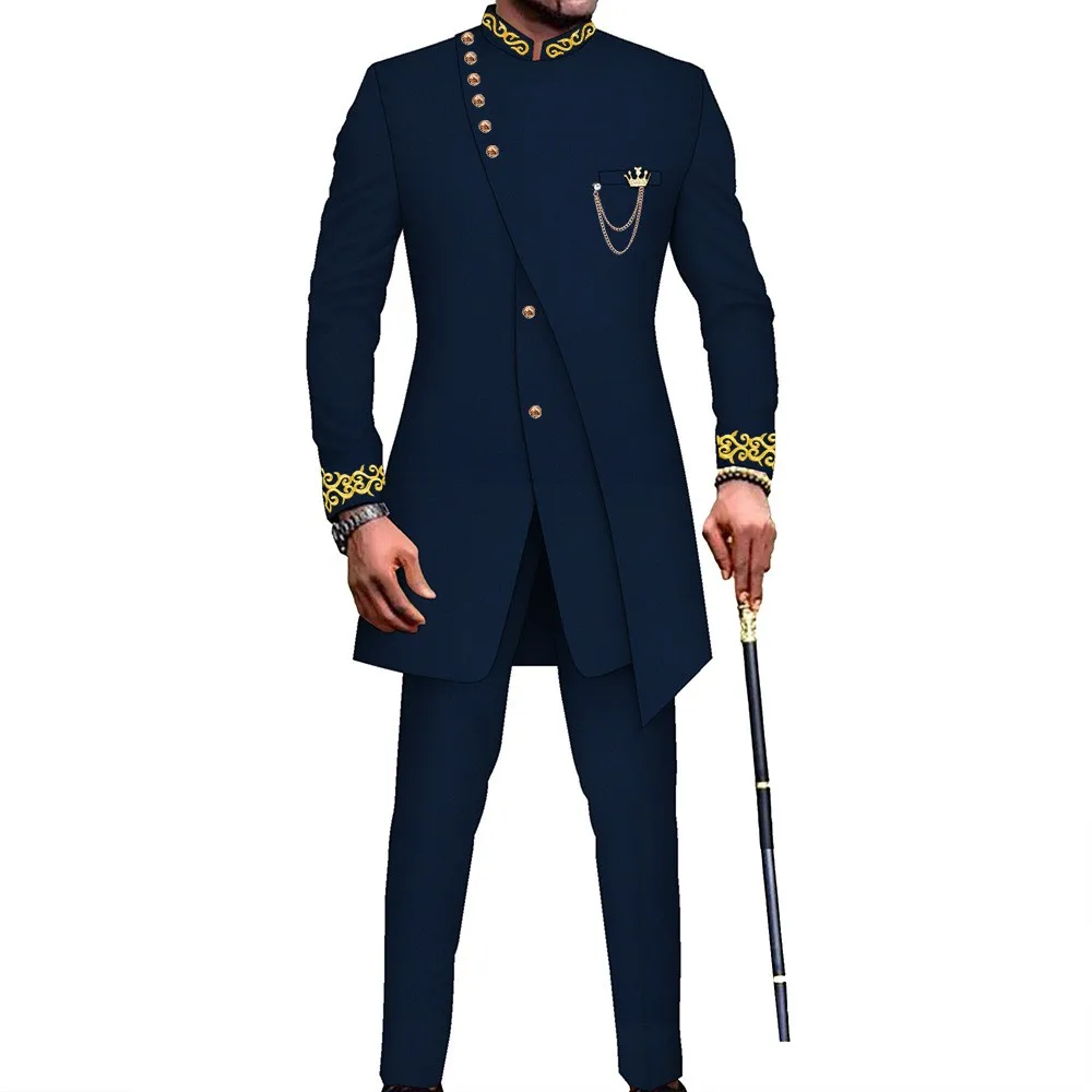 African Men's Slim Fit Two-Piece Suit Vintage Mid-Length Cross-Border Fashionable Autumn Wear Flat Collar No Button Detail