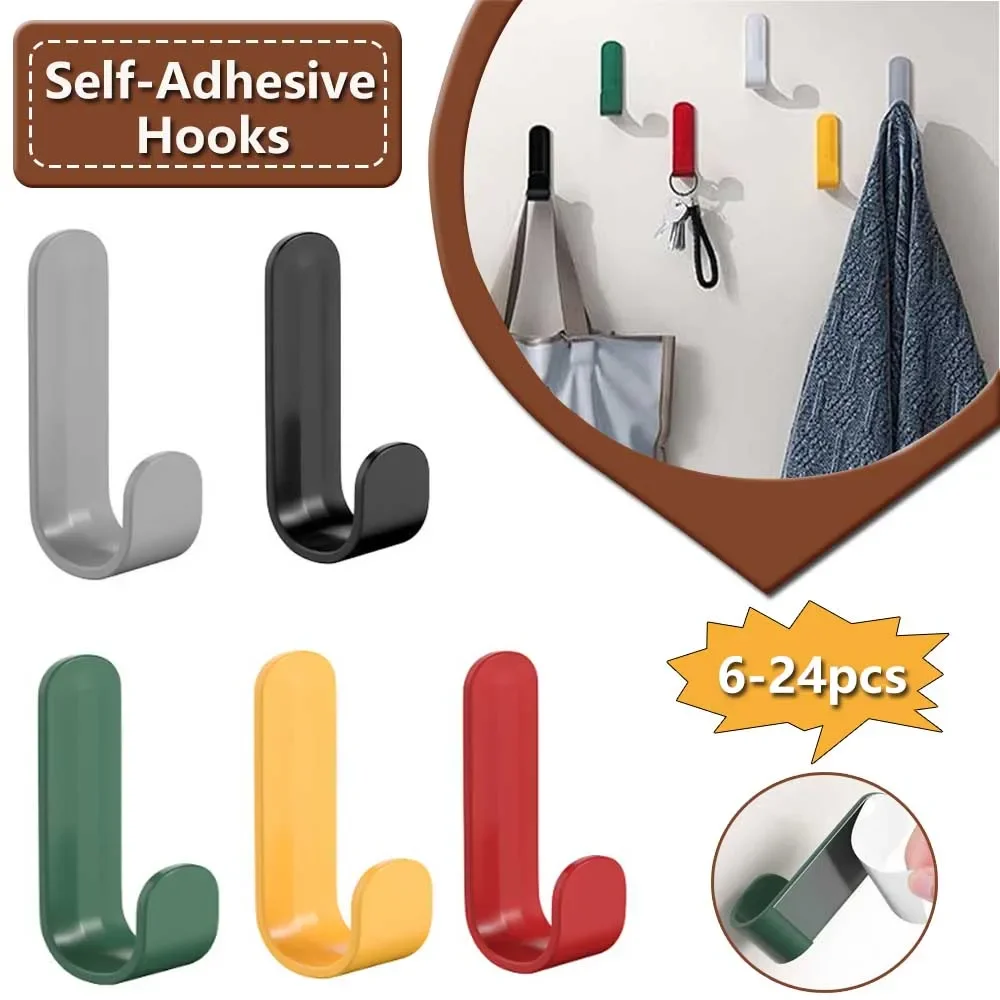 

6-24pcs Self Adhesive Multi-purpose Wall Organizer Hook Behind-door Key Cloth Hanger Hook Robe Towel Holder Rack Kitchen Shelf