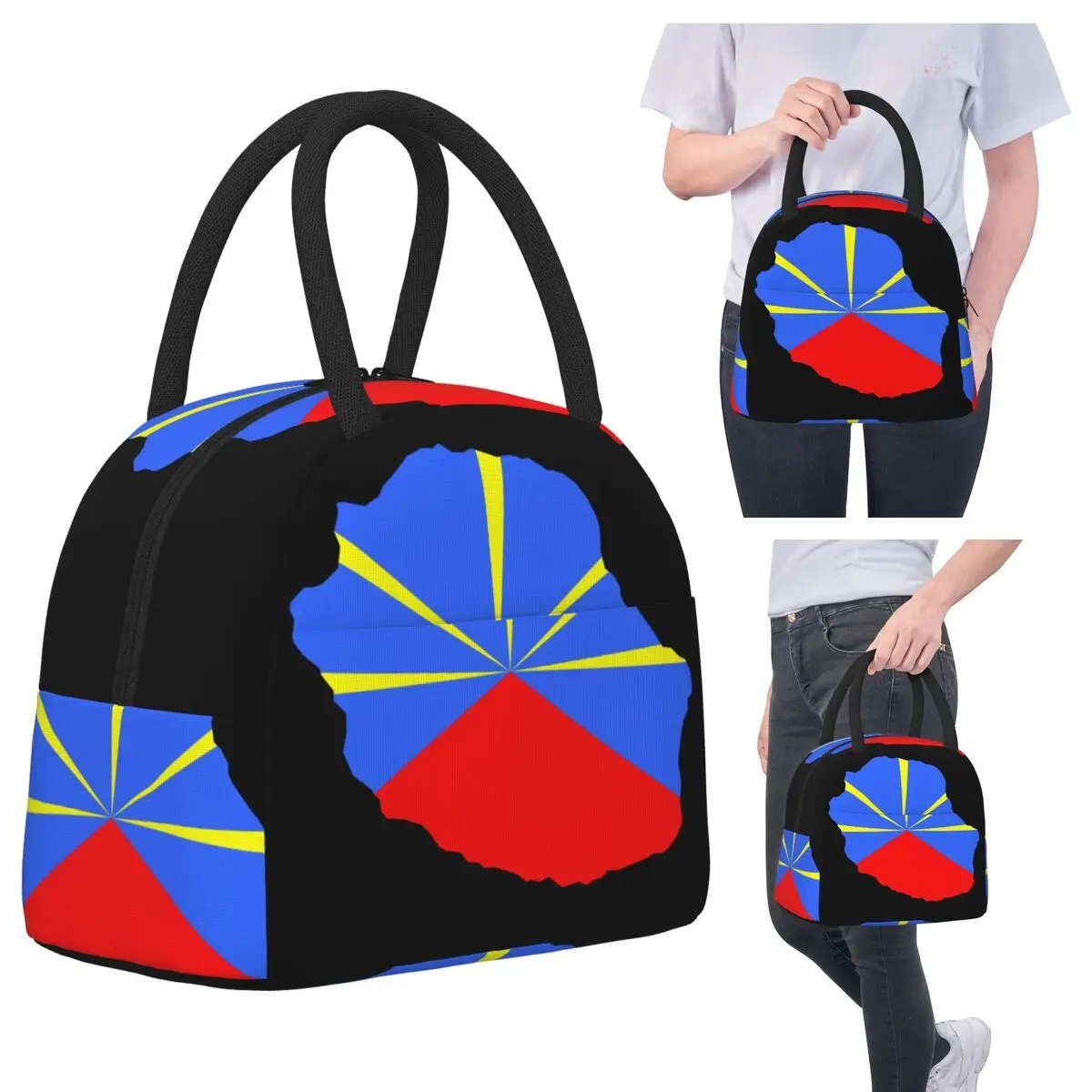 

974 Сумки для обеда с флагом острова Реюньон Изолированная коробка для бенто Портативная сумка для обеда Герметичная сумка для пикника Сумка-холодильник для женщин и детей Офис