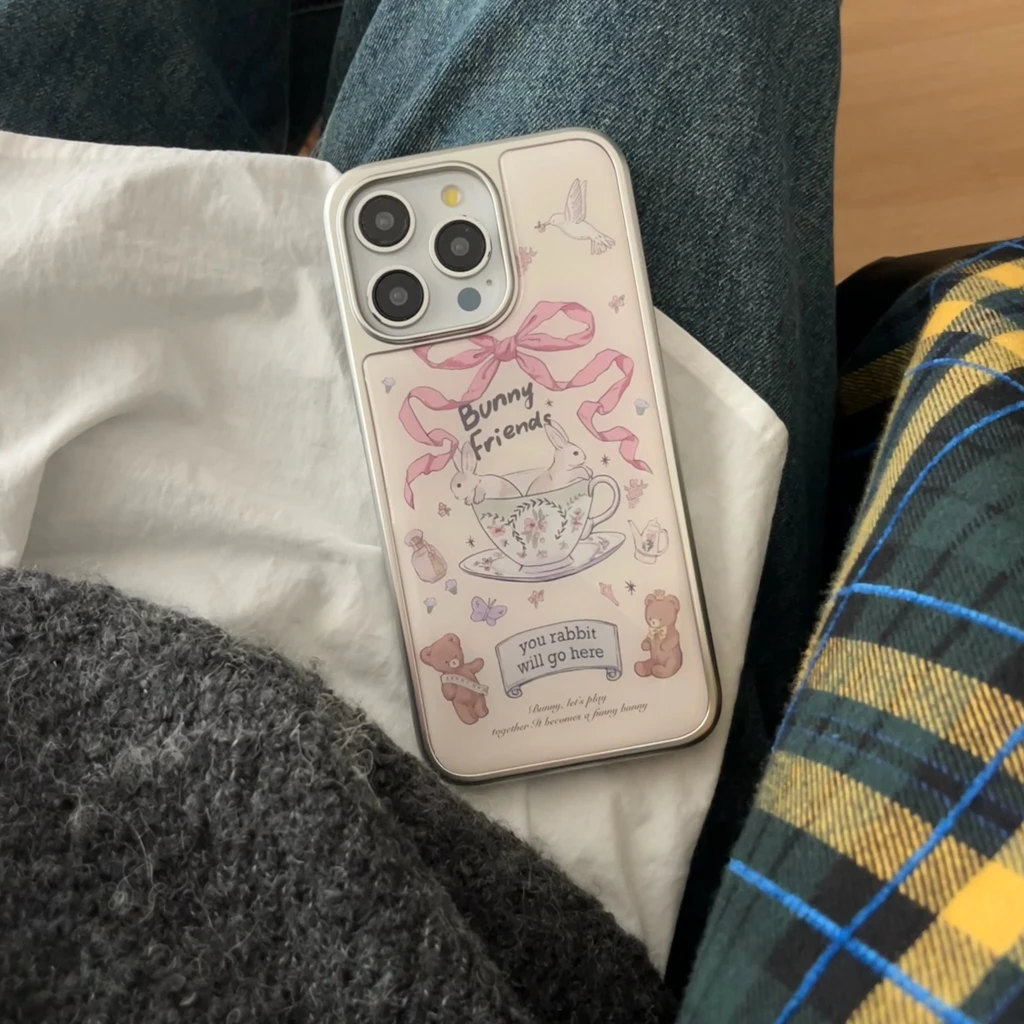 

Silver Border Cute Cartoon Rabbit Phone Case for iPhone 17 16e 16 15 14 13 12 11 Air Pro Max X XR XSMAX 8 7 Plus Luxury Cover