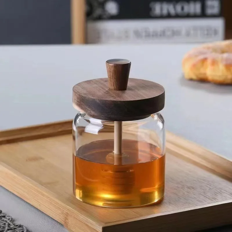 Wide Mouth Glass Storage Bottles with Dipper And Lid Honey Jars Syrup Dispenser Containers for Kitchen Pantry Or Bathroom