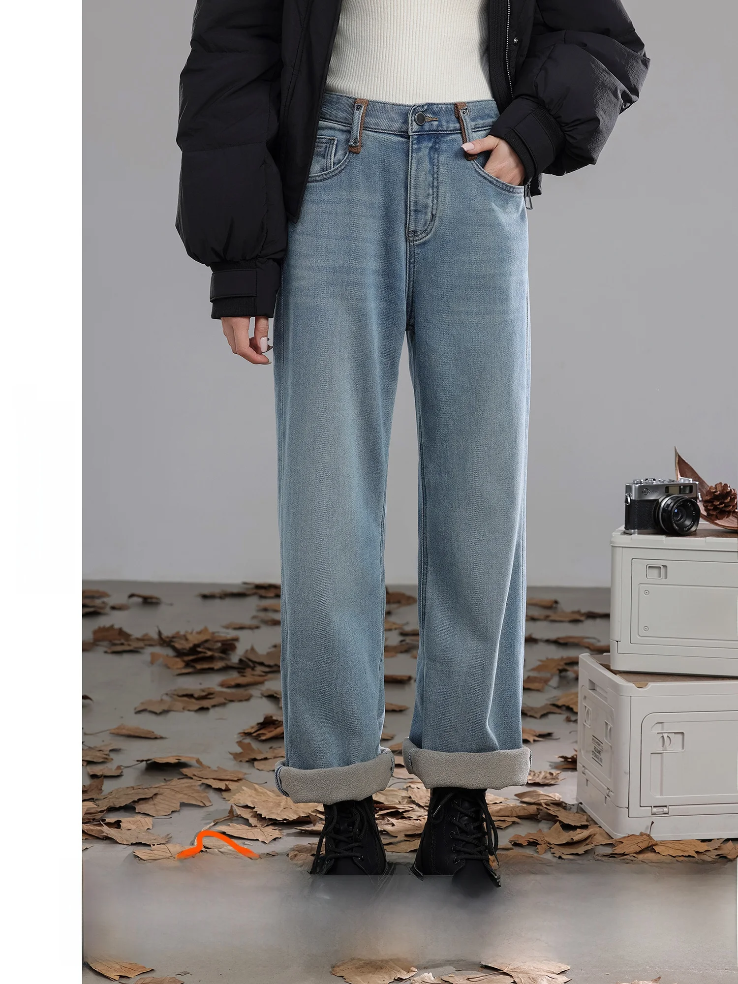 

Свободные широкие джинсы с высокой талией на подкладке, женские зимние модные повседневные удобные синие джинсы в стиле ретро