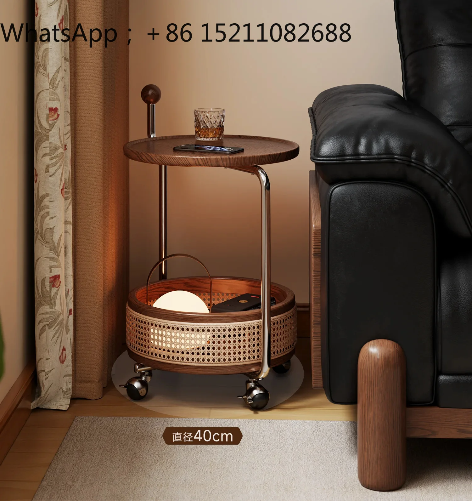 SCY solid wood rattan trolley medieval small round table double shelf living room movable coffee table