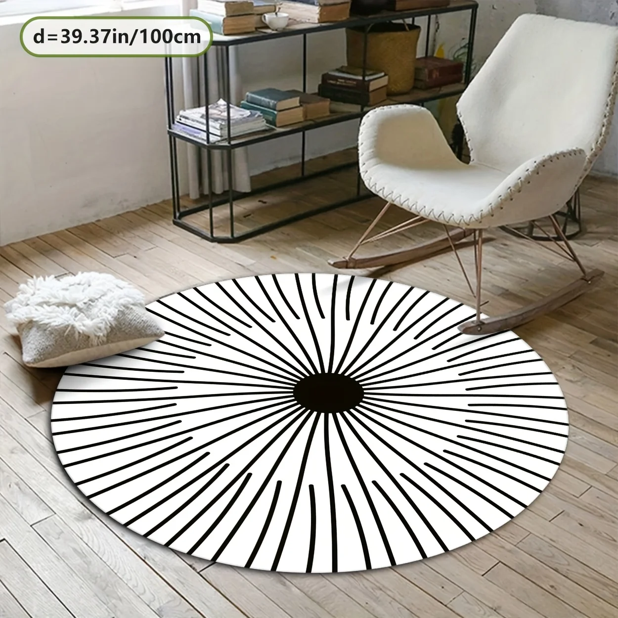 Round Rug, Black and White Line Design Floor Mat with Non-Slip Dot Backing, Elegant Home Decor