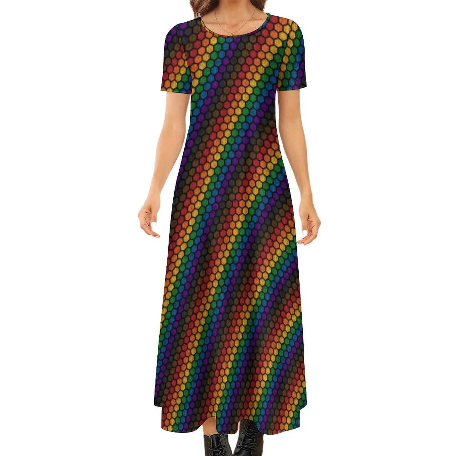 

Бесшовное платье с шестигранным рисунком в разных цветах, с круглым вырезом и коротким рукавом, летняя юбка, одежда