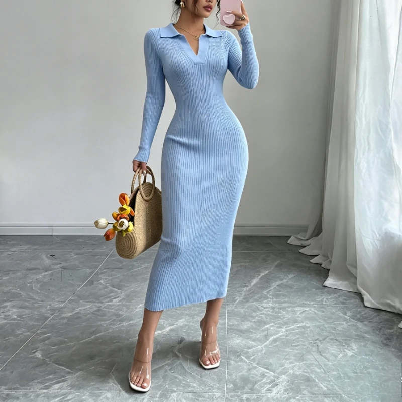 Damen Maxi-Strickkleid mit Polokragen, elastischem Rippband, langen Ärmeln, figurbetont, elegantes Pulloverkleid, Damen-Party- und Freizeitoutfit – Detail 2