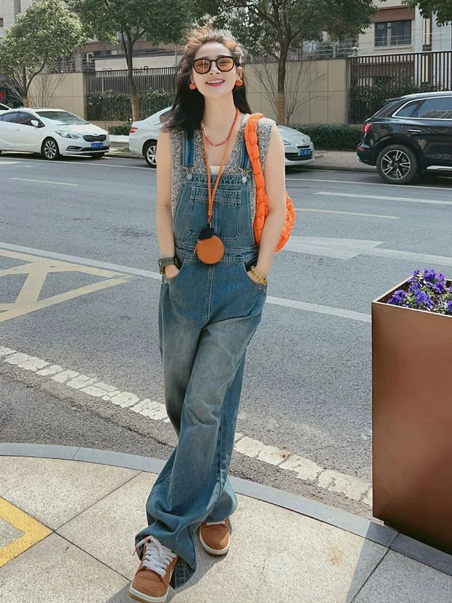 Women's Denim Overalls 2025 New Sle Orange Bellflower Initial Design Trendy Youthful Straight Leg Wide Leg One-Piece Pants