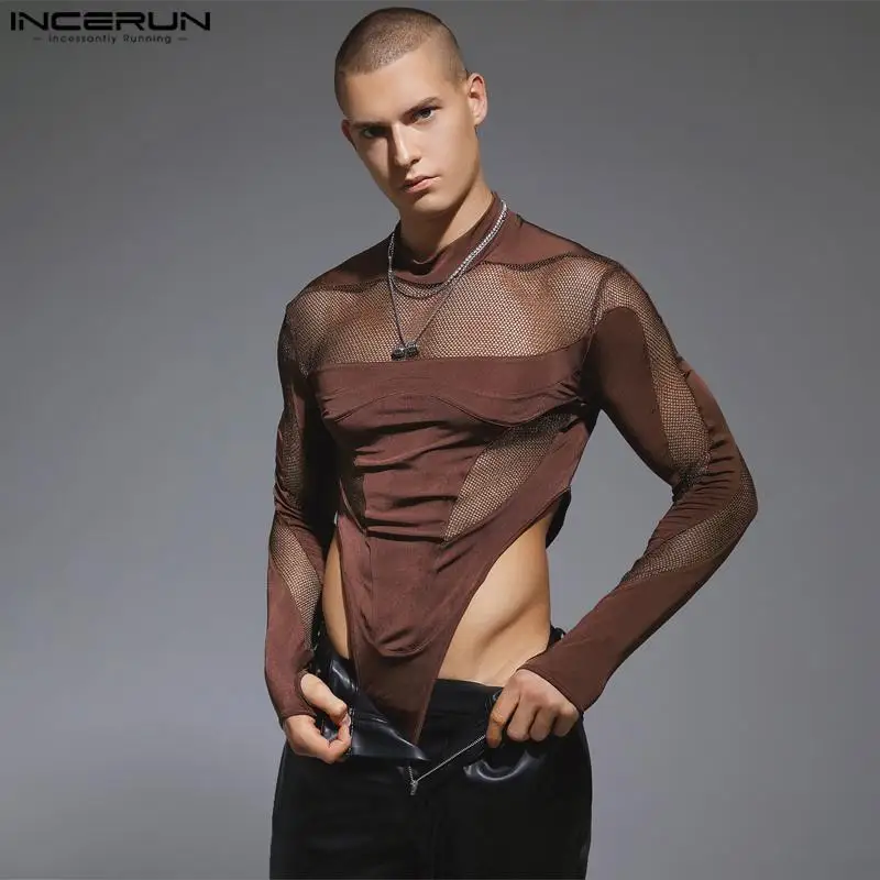 INCERUN-body Sexy para hombre, ropa de casa con Cuello medio alto, peleles de empalme de malla, monos informales de moda, dedal de manga larga,