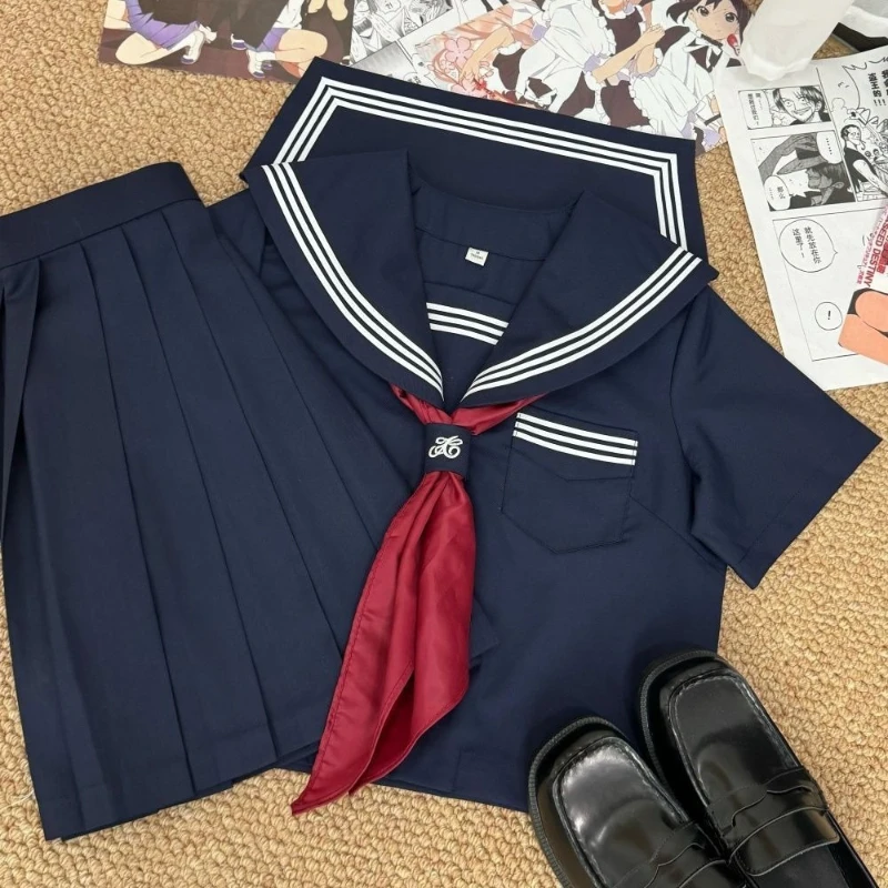 Neue authentische japanische JK-Uniform, Matrosenanzug, dunkelblau, drei Streifen, klassischer Basic-Stil, Schulmädchen-Kostüm-Set