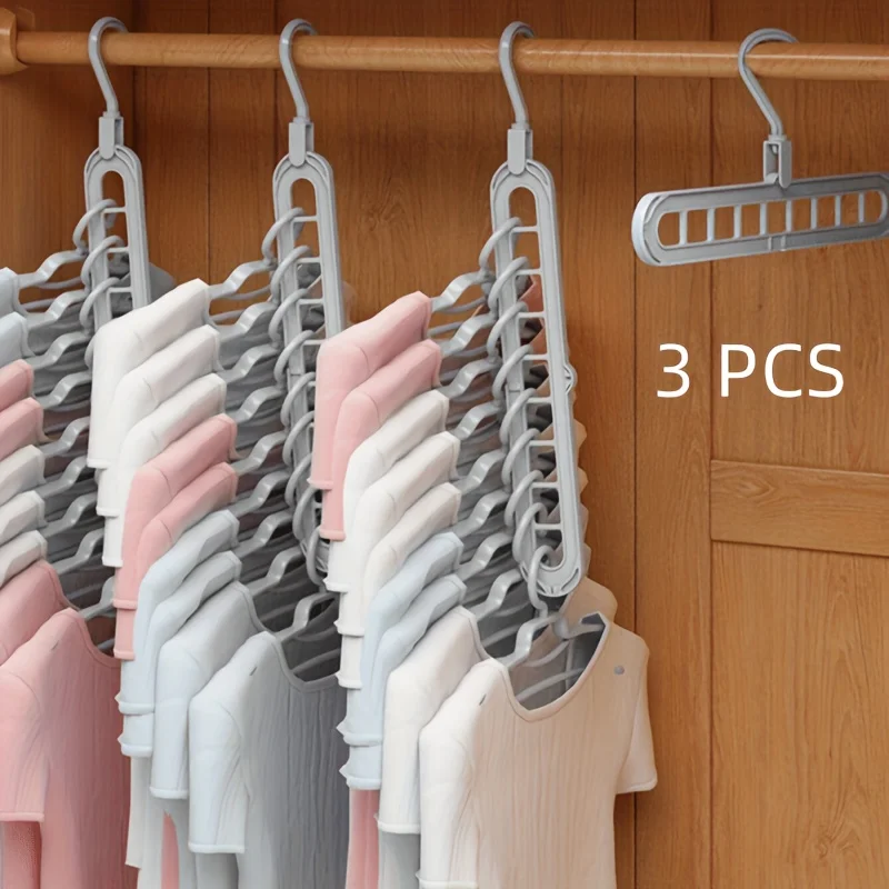 Plastic Foldable Space Saving Cabides, organizador de roupas, cabides resistentes para armário de quarto Wardrobe Home and dor, 9 buracos, 3pcs