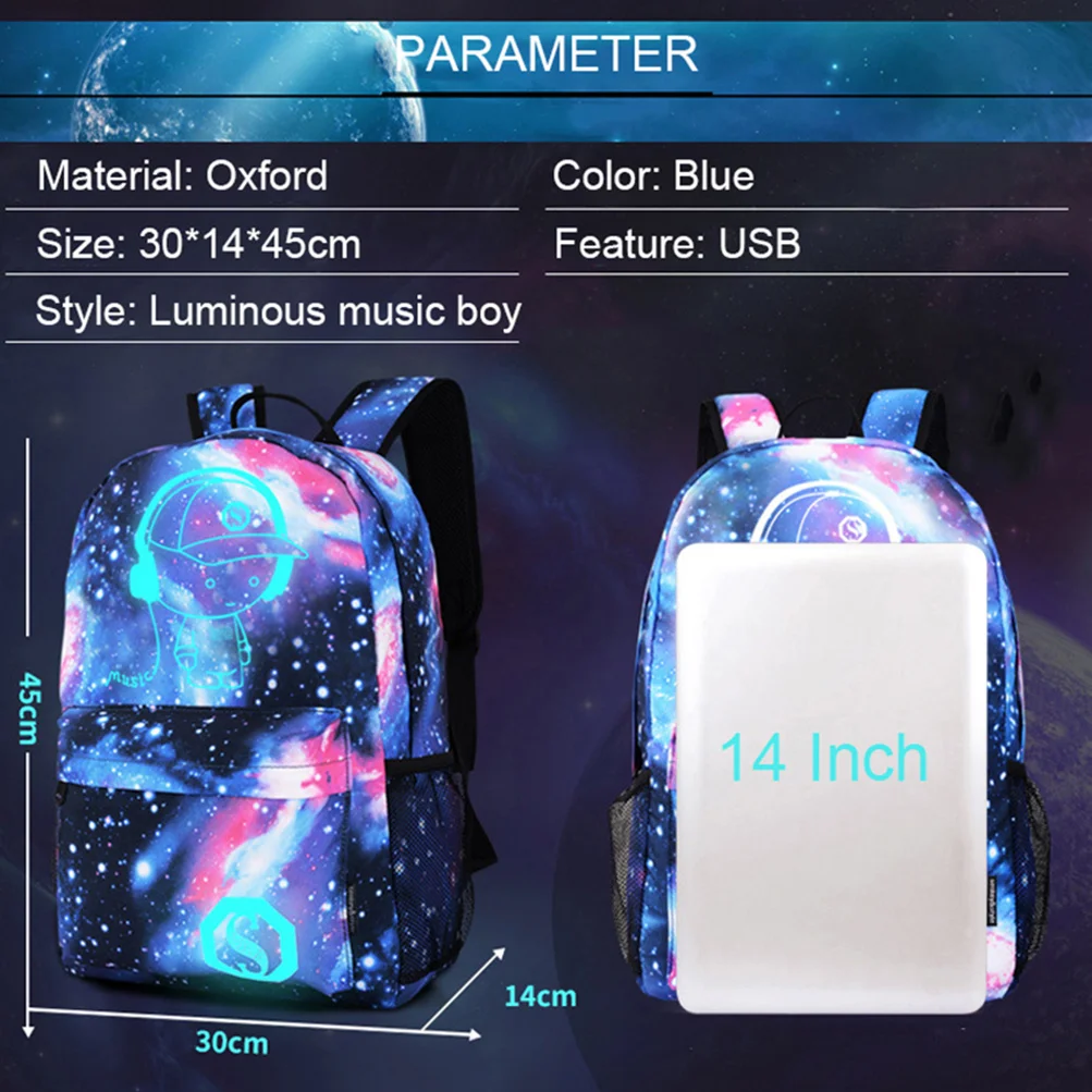 Luminous Stars Backpack USB Men Travel Music Boy Blue Casual Anti-theft Computer Laptop USB Backpacks Men School Bags mochila