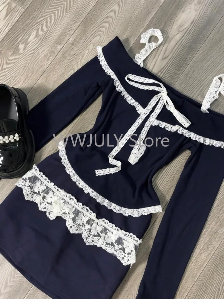 Women New 2024 Autumn Fashion Lace Patchwork Off Shoulder Ruffles Lace-up Tops + High Waist Mini Skirt Two Piece Set Y2k