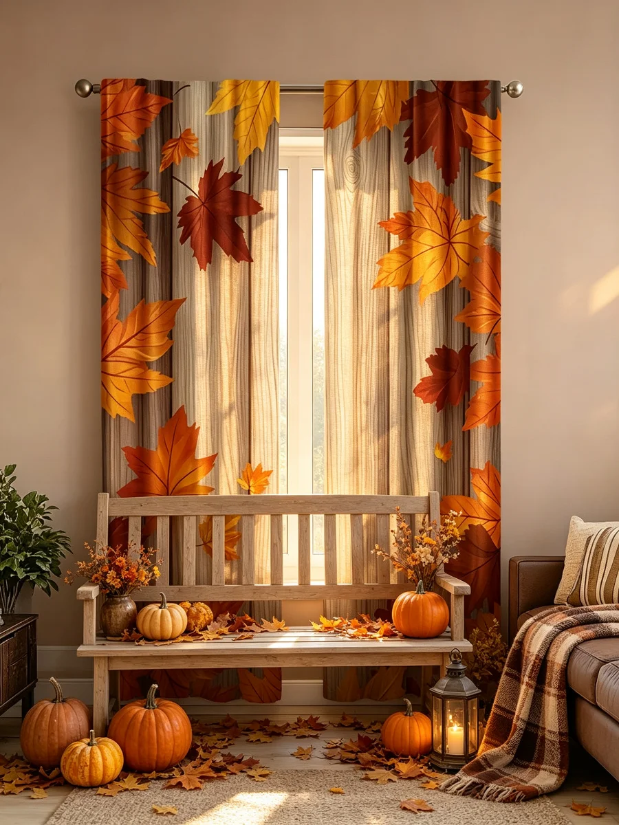 2PCS Autumn Maple Leaf Print Curtains Fall Harvest Seasonal Rod Pocket Window Drapes Living Room Bedroom Kitchen Home Decor