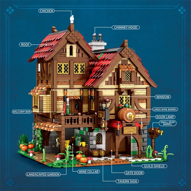 2868PCS Medieval Tavern Building Blocks ยุโรป Street View สถาปัตยกรรม MOC รุ่นอิฐเดสก์ท็อปเครื่องประดับของเล่นสําหรับเด็ก