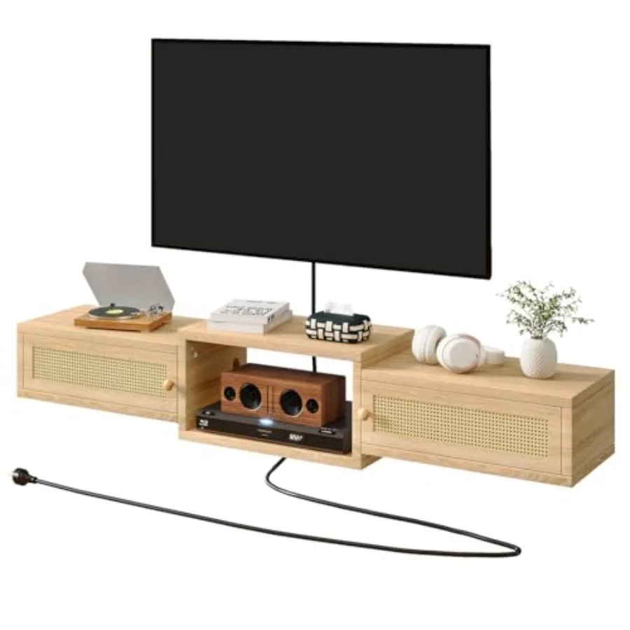 

Modern Rattan Floating TV Stand with Doors for TVs up to 55 Inches Wall Mounted Media Console with Under TV Storage Cabinet in