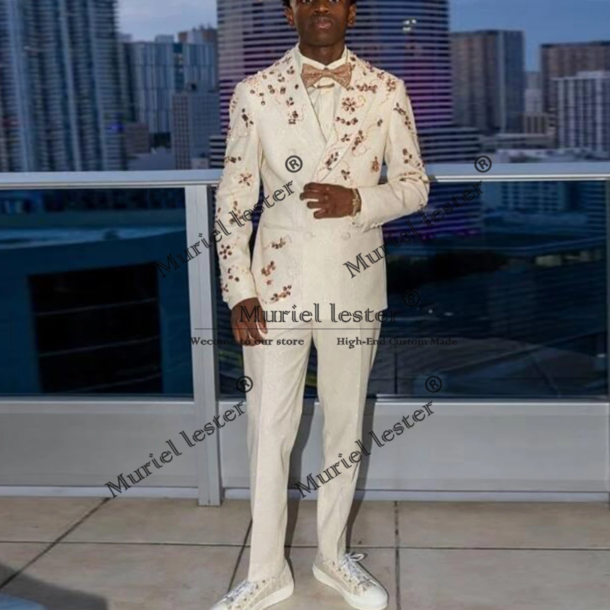 

Sparkly Diamond Beaded Suit For Men Luxury Double Breasted Jacket Pants 2 Pieces Groom Wedding Tuxedo Customized traje de hombre
