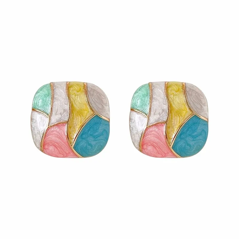 New Fashion Square Contrast Color Stud Earrings Female Sweet Patchwork Colorful Ear Jewelry Romantic Christmas Girl Gift