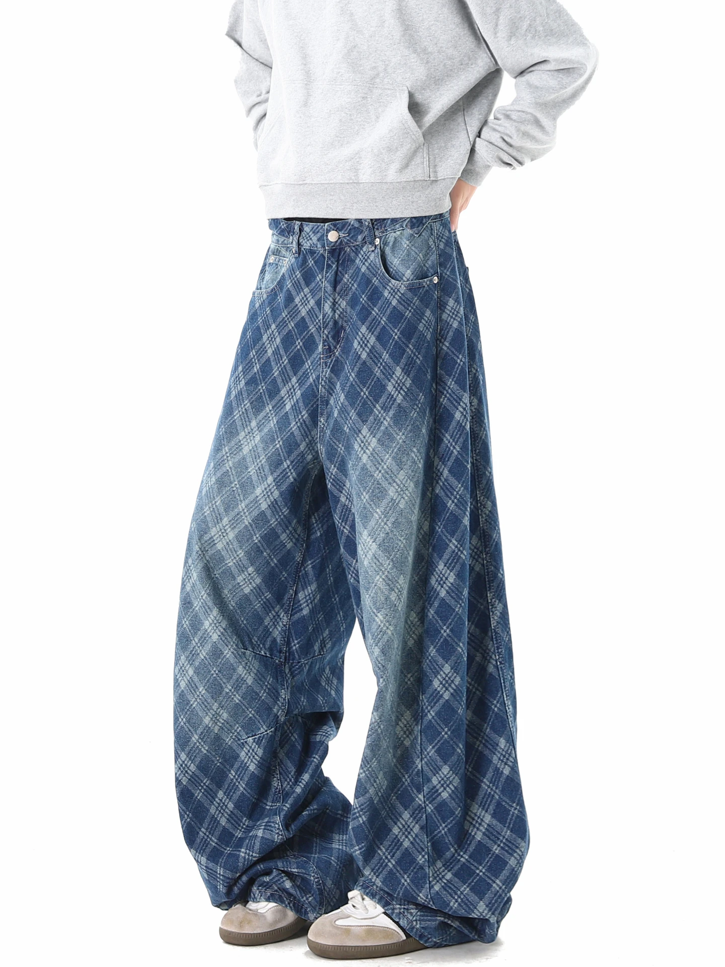 

Модные мужские джинсы свободного кроя в винтажном американском стиле, с широкими штанинами в клетку, повседневные, из смесового хлопка и полиэстера