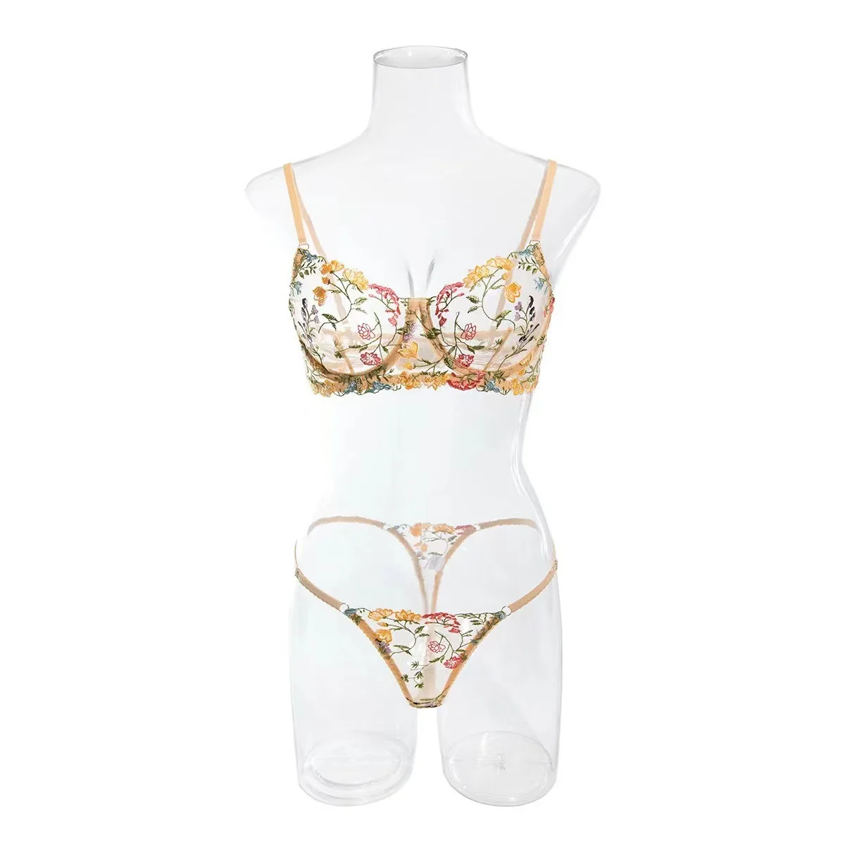 Sexy Mesh Floral Embroidery Bra Underwire Support Lingerie Set with Matching Thong Panties Women Perspective Seductive Underwear view 5