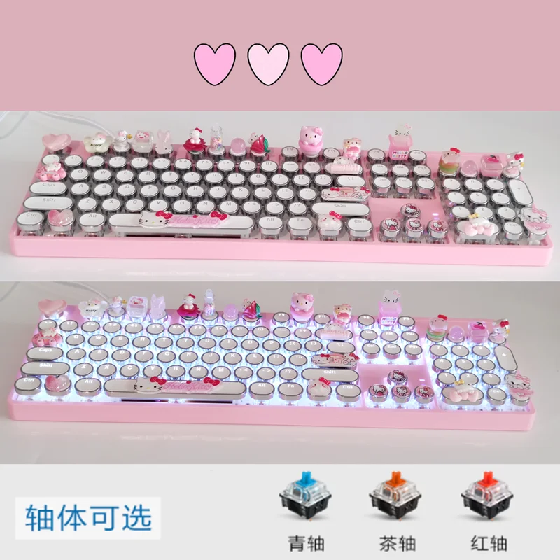 Sanrio Cartoon Customized  Mechanical Keyboard 104 Keys Hellokitty Customized  Anime Keyboard Hot Plug Green Tea Red Axis