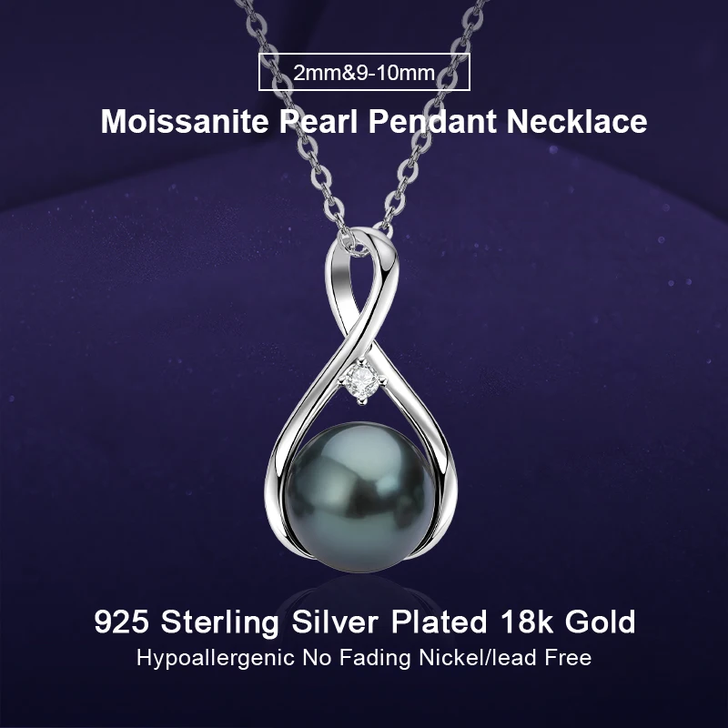 

IOGOU 9-10mm Tahitian Black Pearl Pendant Necklace Inlaid 2mm Moissanite 925 Silver Infinity Necklace for Women Birthday Gift