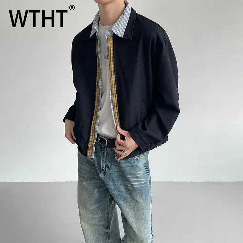 

WTHT Fashion Men's Spliced Plaids Fake Two-pieves Design Coats Vintage Zipper Lapel Long Sleeves Jackets Male 2025 Autumn 2A2007