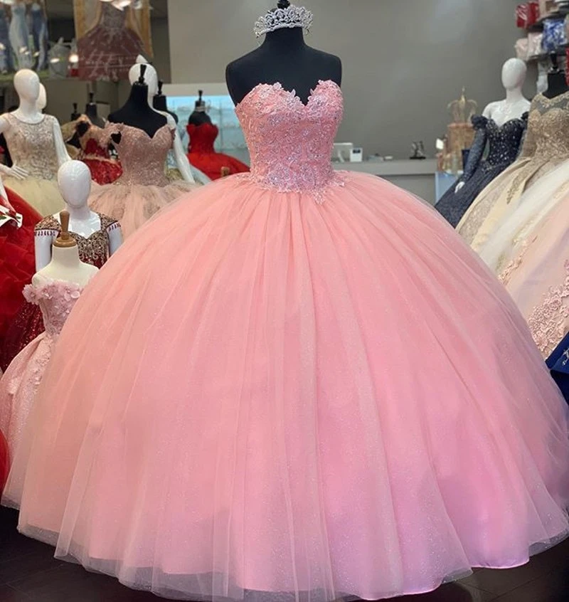 2021 rosa Ballkleid Quince anera Kleider D12 Vestidos de 15 Anos Applikation Perlen Tüll formelle Prinzessin Geburtstags feier Kleider