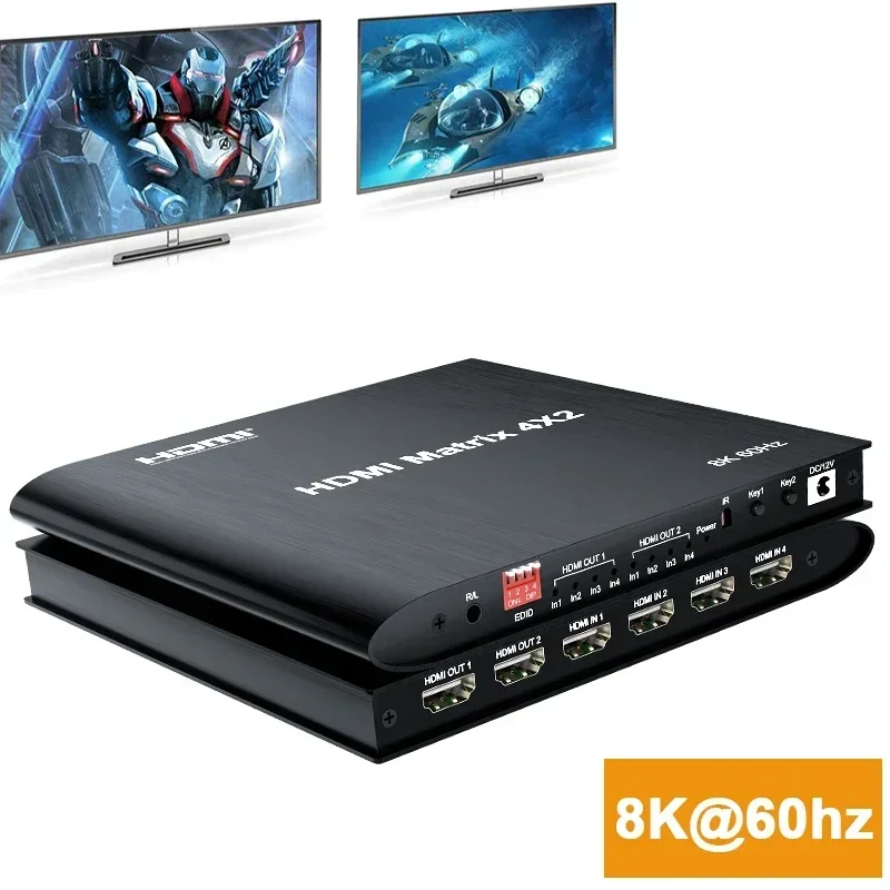 8K HDMI Matrix 4X2 Video Distributor Switch 4K 120Hz HDR HDCP2.3 HDMI Splitter 4 in 2 Out for PS4 Camera DVD PC To TV Monitor