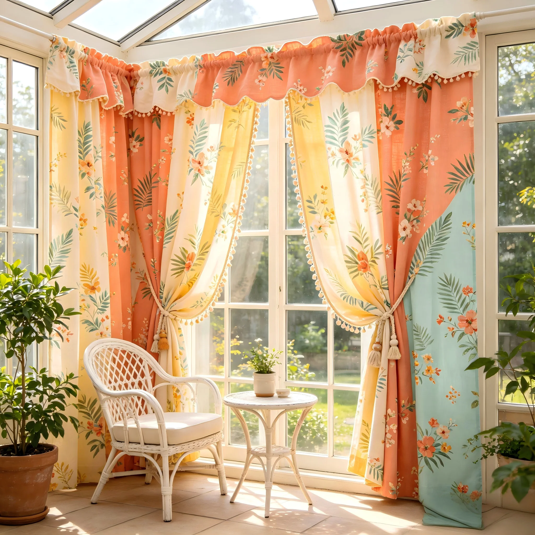 200382   Sunroom: Coral Orange color blocked print, lightweight cotton and linen, wavy curtain head+ceramic pendant curtain