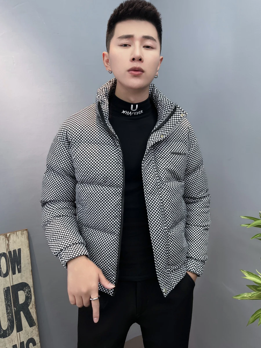 

New Men's Plaid down Cotton Jaet Winter Faion Thiened Warm Stand Collar Slim Fit Coated Fabric Urban Sle Long Sve ...