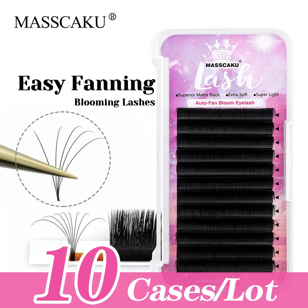 

10cases/lot Hot Sale MASSCAKU Individual Ribbon False Silk Auto Fanning Lashes Wispy One Second Blooming Eyelash Makeup Tools