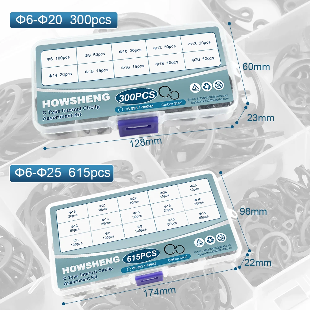 HOWSHENG 300pcs/615pcs Internal Circlip Assortment Kit Retaining Clip Ring Set Carbon Steel 6-25mm C Clip Washer Kit for Hole