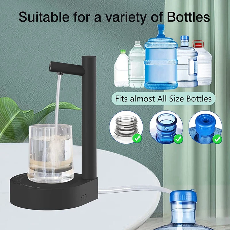 Portable Desktop Water Dispenser, carregamento USB, preto, 5 galão garrafa, garrafas universais