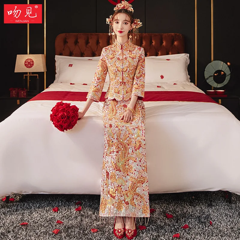 

Китайское традиционное свадебное платье Xiuhe, женские комплекты Xiuhe Bradal, платье с драконом и фениксом, большие размеры XXL 3XL