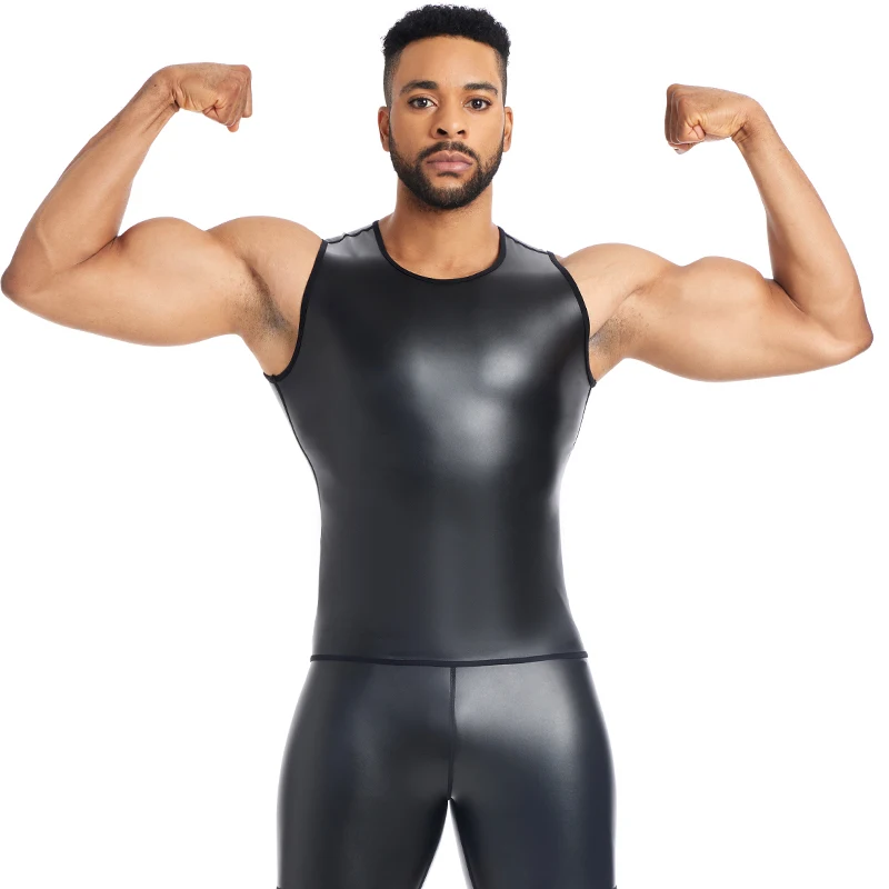 TONGGUO Leather Shirts for Casual T Shirts Lightweight Leather Vest Men's Sports PU Leather Round Neck Sleeveless Slim Tank Tops