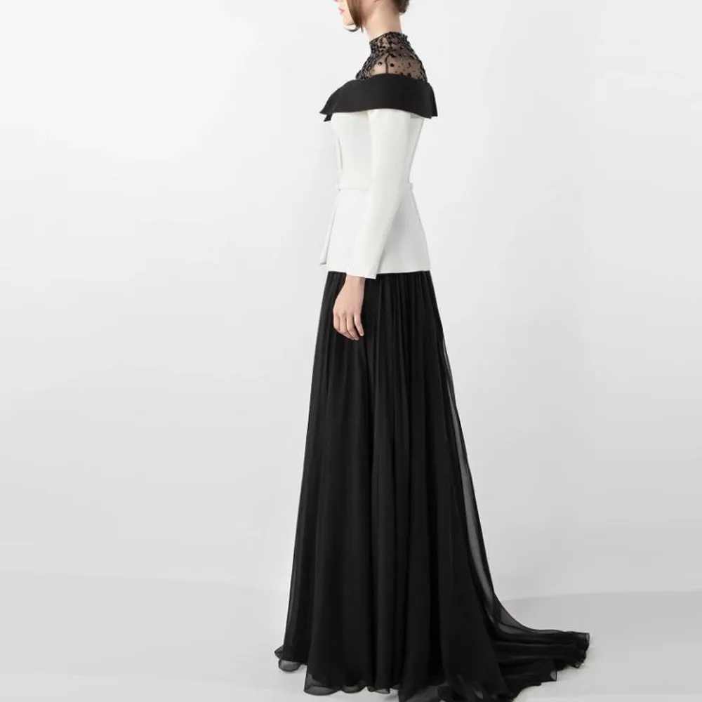 Personalizado elegante vestidos de noite crsytal gola alta mangas completas vestido de noite uma linha fora do ombro vestidos de fiesta