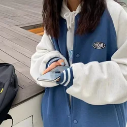 Bomber Jackets Loose Fashion Patchwork Outerwear Hooded Women Long Sleeve Y2k Preppy Style American Vintage Blue White Coats