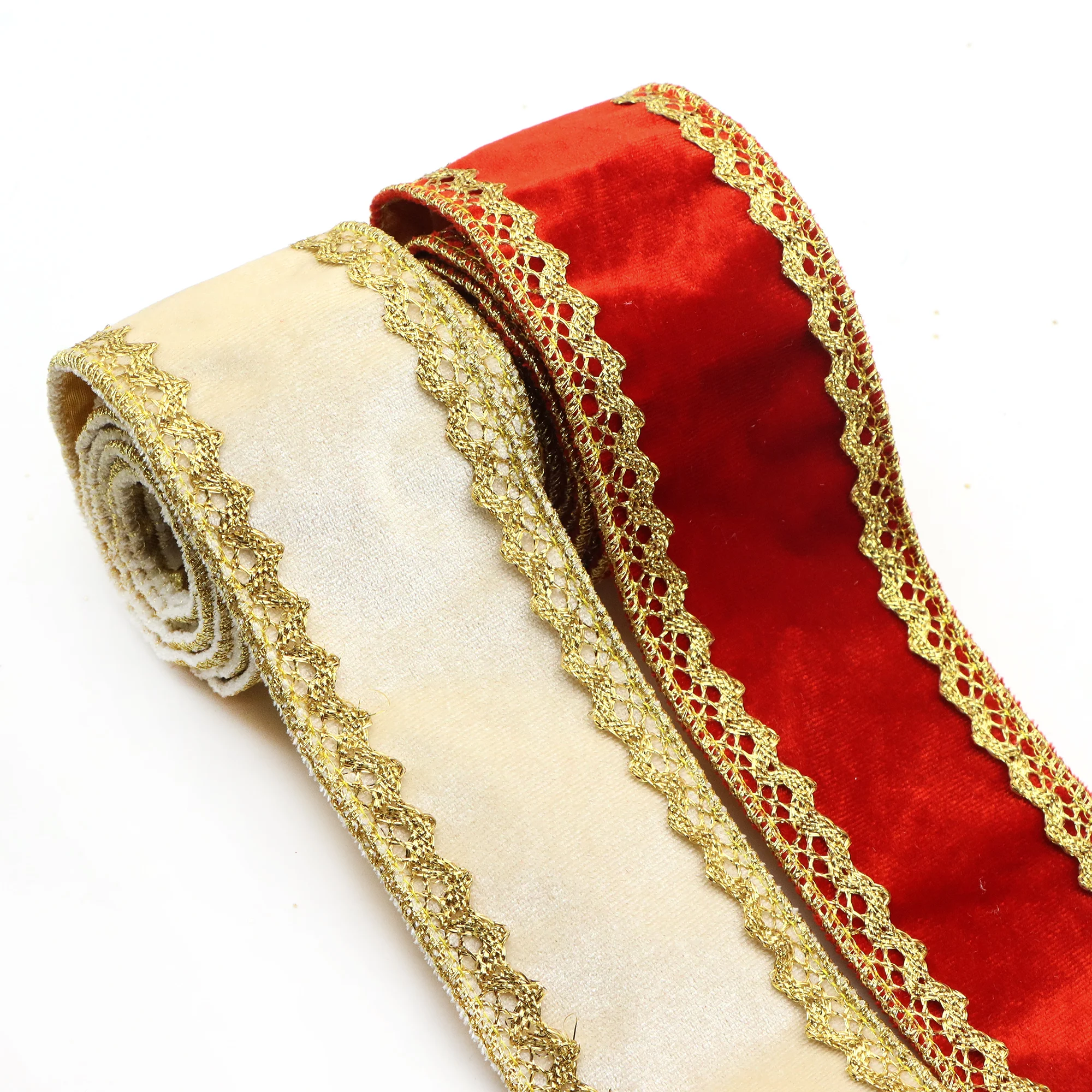2 Yards/Rolle 63mm/2,5 Zoll Rotes Beige Samtband mit Goldenen Spitzen, Hergestellt aus Samt, Geeignet für Schleifen, Perfekt