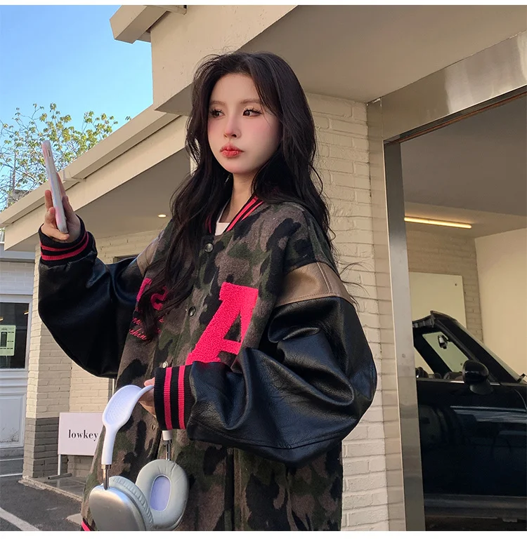 Kurtki baseballowe z literą M damskie wygodne kontrastowe z przeszyciami młodzieżowe ze skóry bydlęcej w stylu cargo petite casual ocieplane sportowe