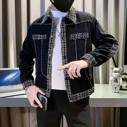 Autumn Winter New Fashion Turn-down Collar Long Sleeve Patchwork Color Blocking Jackets Men's Clothing Pockets Korean Chic Tops